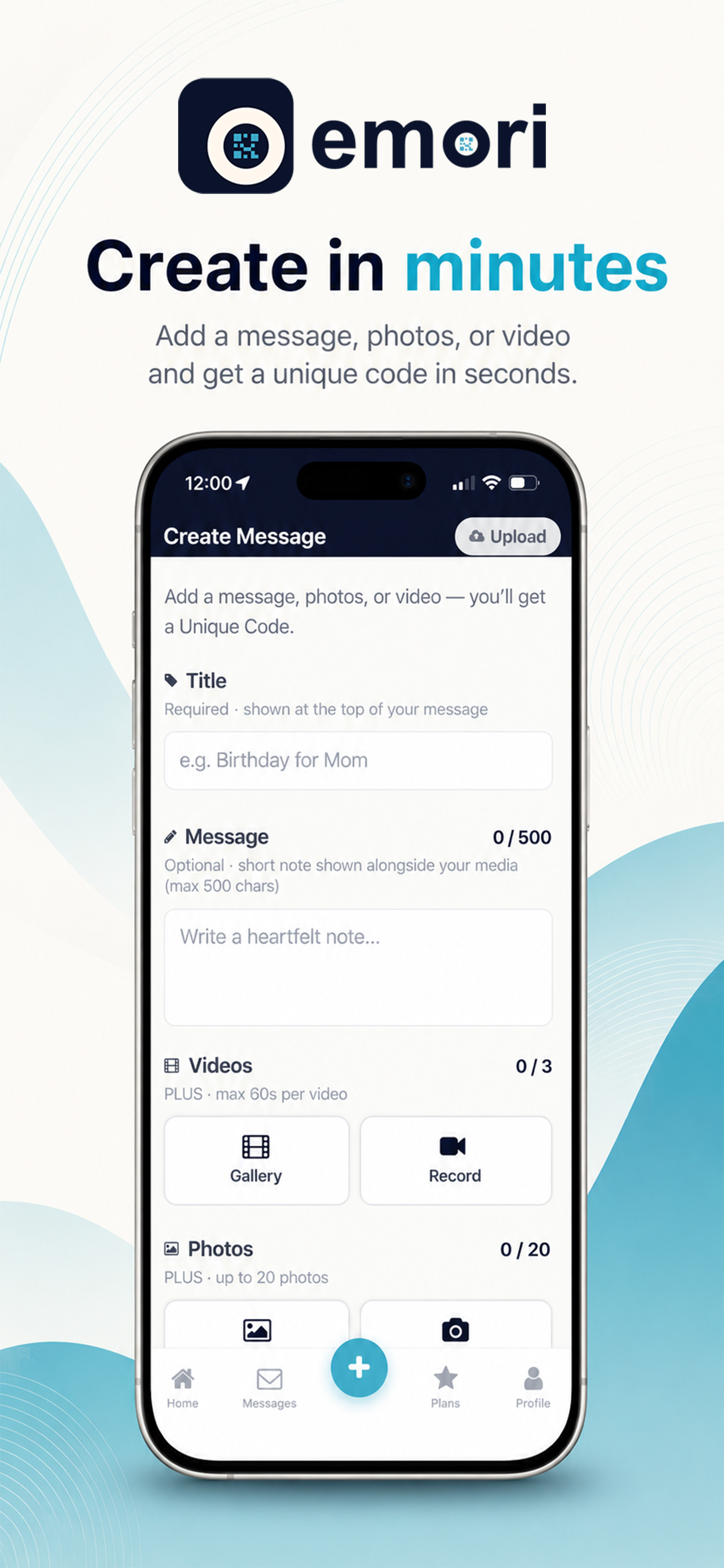 Emori Create Message — title, note, video and photo upload