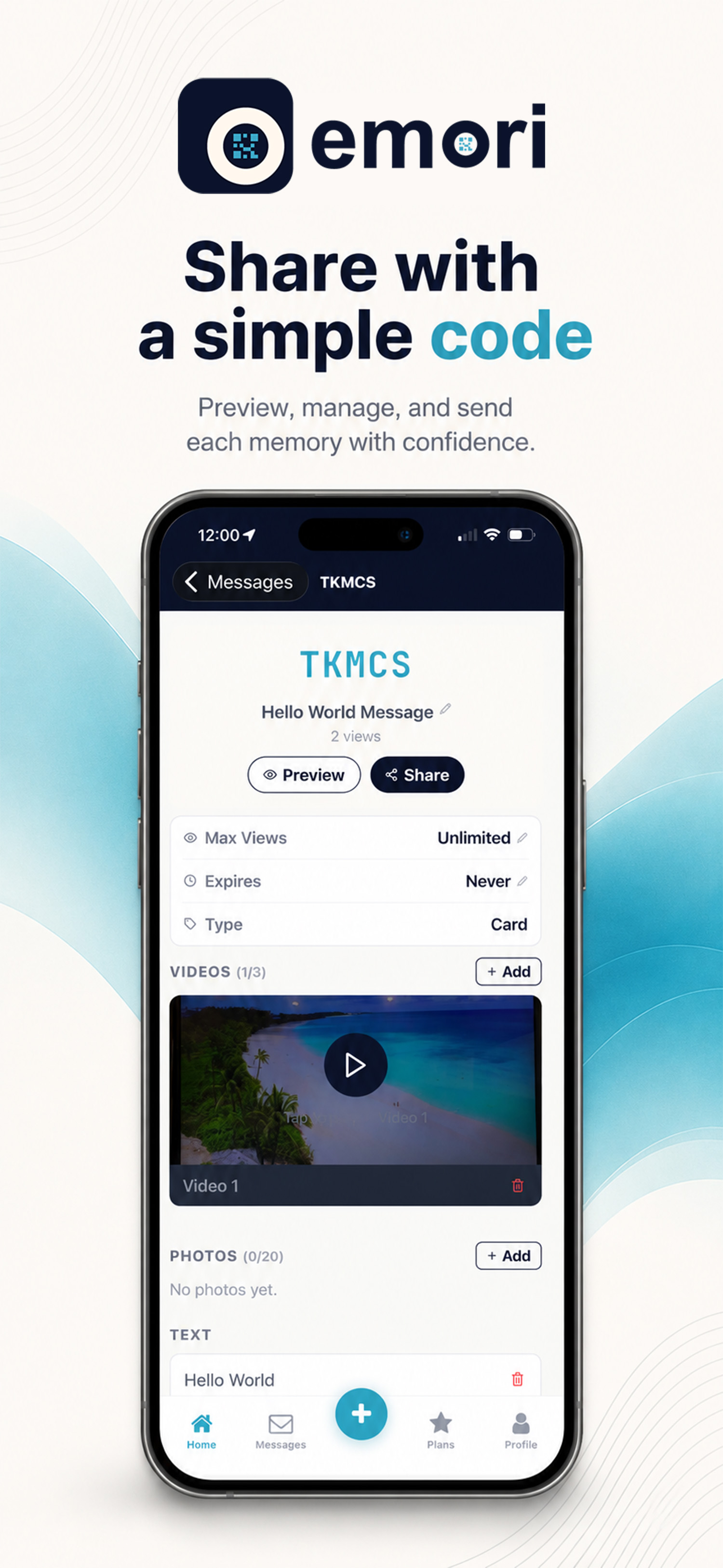 Emori Message detail — preview, share, videos and text