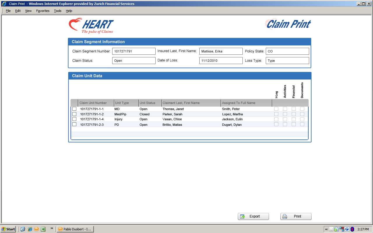 Farmers Claim Print application screen