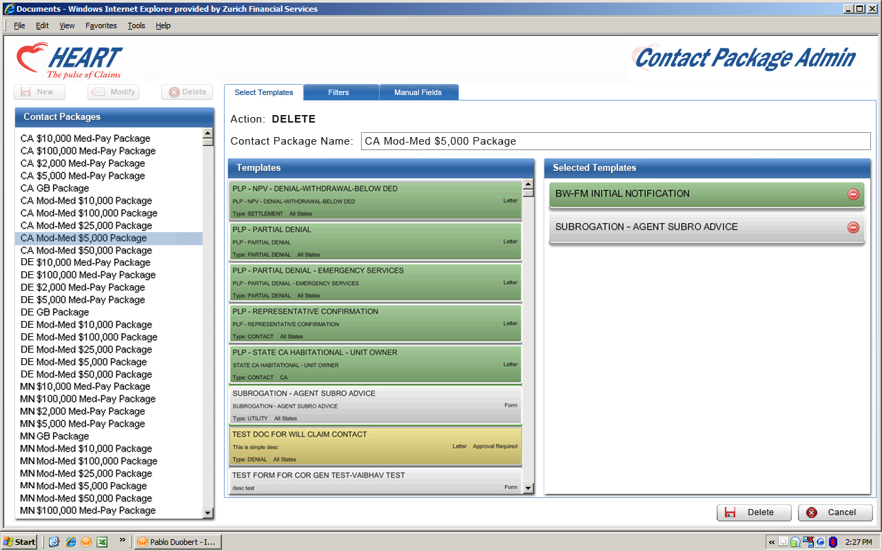 Farmers Contact Package Admin screen