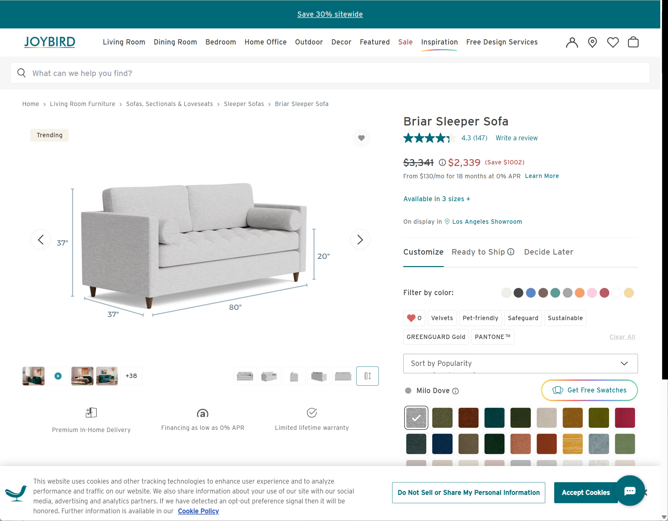 Joybird redesigned product dimensions interface