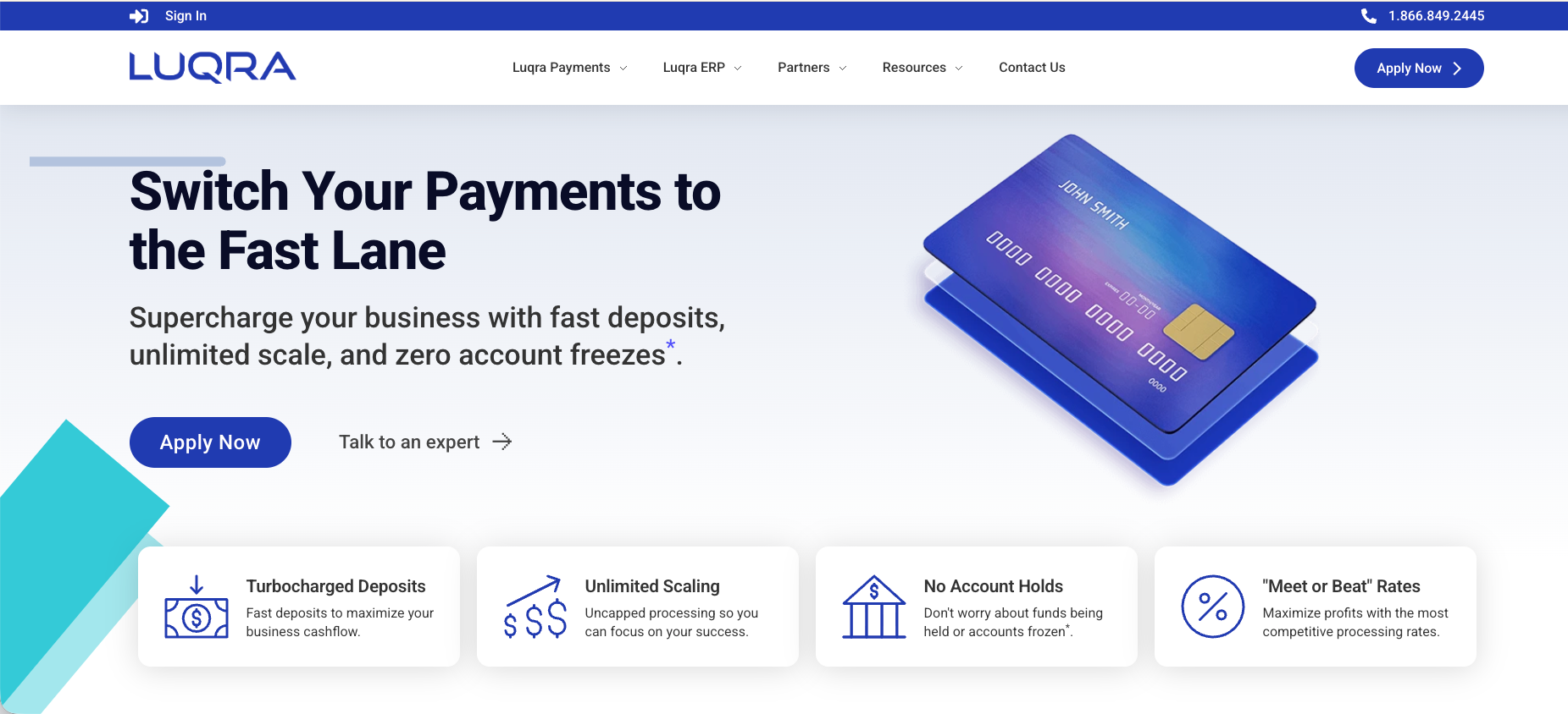 Luqra payments website hero screen with card, navigation, and benefits modules